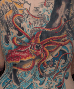 Full back piece octopus tattoo by Matt Hodel
