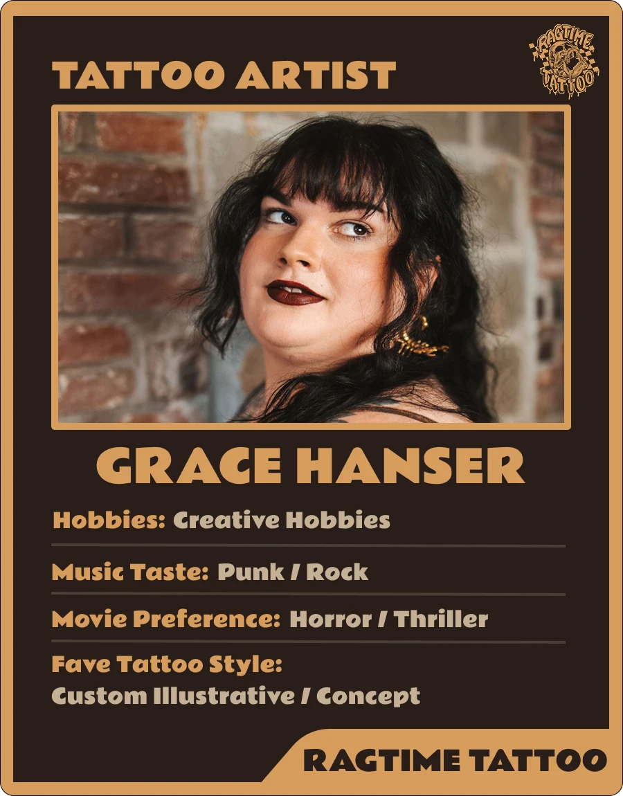 Tattoo artist profile card for Grace Hanser, featuring his portrait and tattoo style preferences.