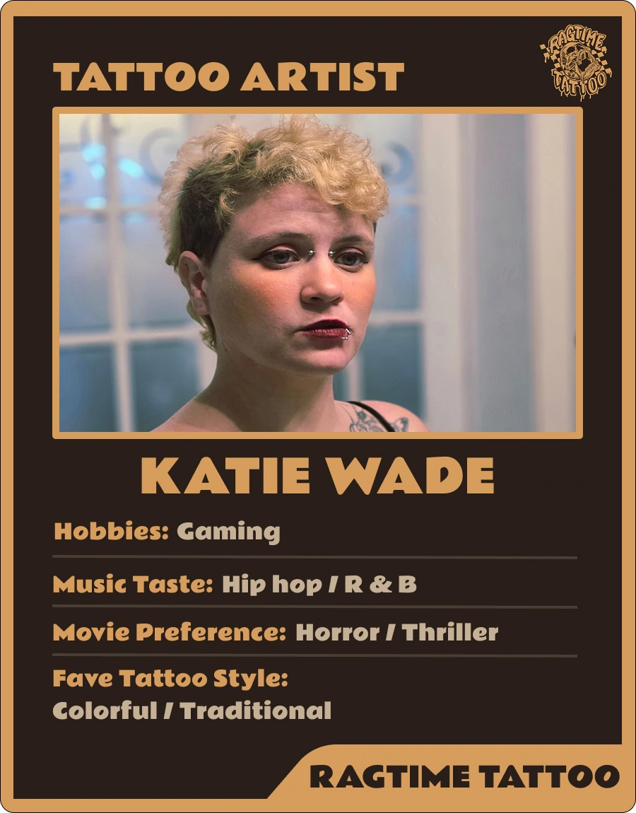 Tattoo artist profile card for Katie Wade, featuring his portrait and tattoo style preferences.