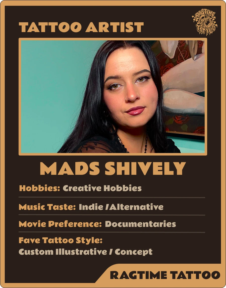 Tattoo artist profile card for Mads Shively, featuring her portrait and tattoo style preferences.