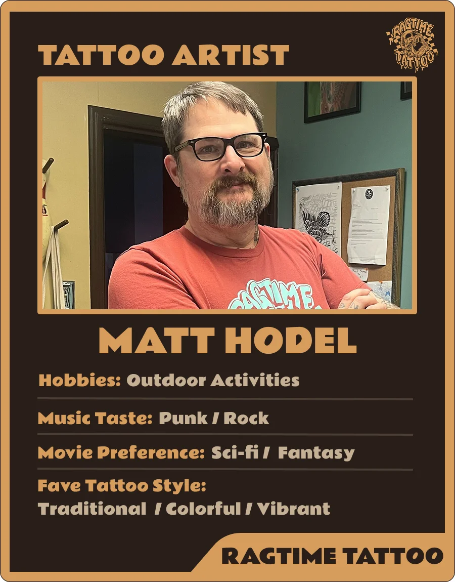 Tattoo artist profile card for Matt Hodel, featuring his portrait and tattoo style preferences.
