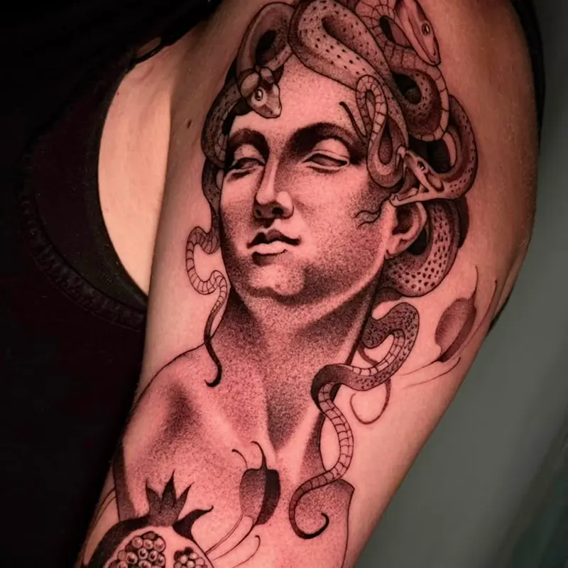 Black and Grey Medusa Tattoo on shoulder by Mads Shively