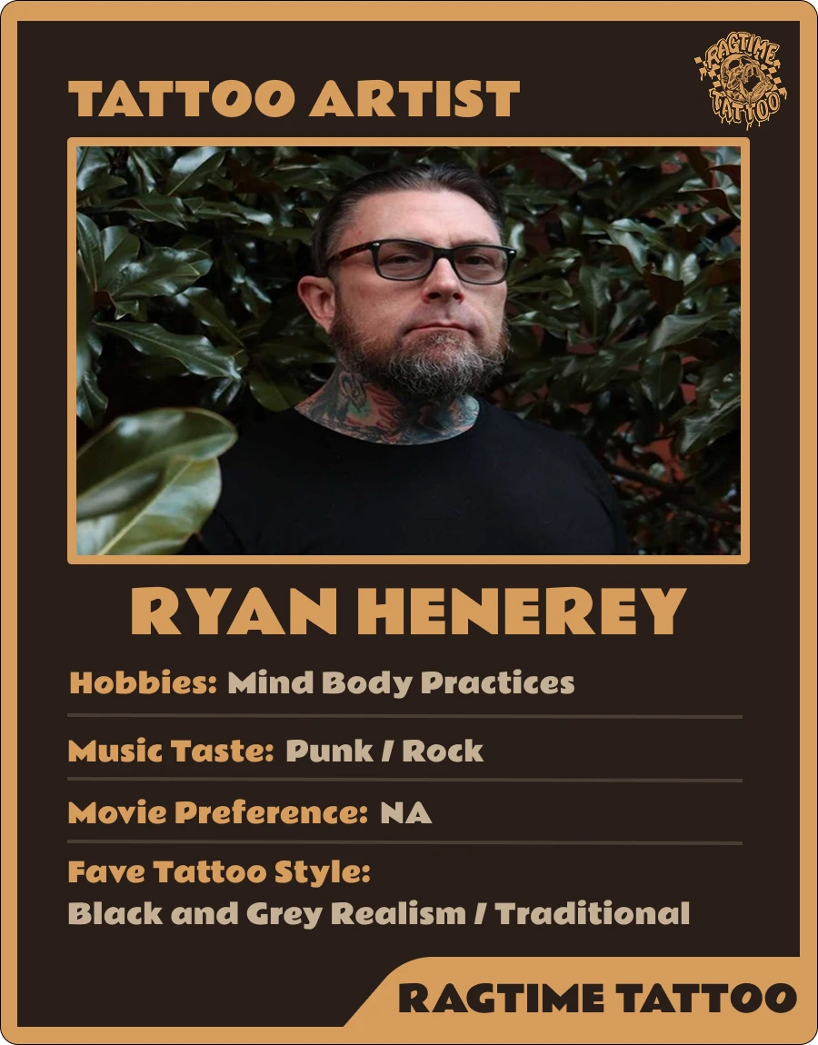 Tattoo artist profile card for Ryan Henerey, featuring his portrait and tattoo style preferences.